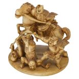 A Japanese ivory okimono depicting a samurai fighting scene, signed, with stained engraving, late Ed