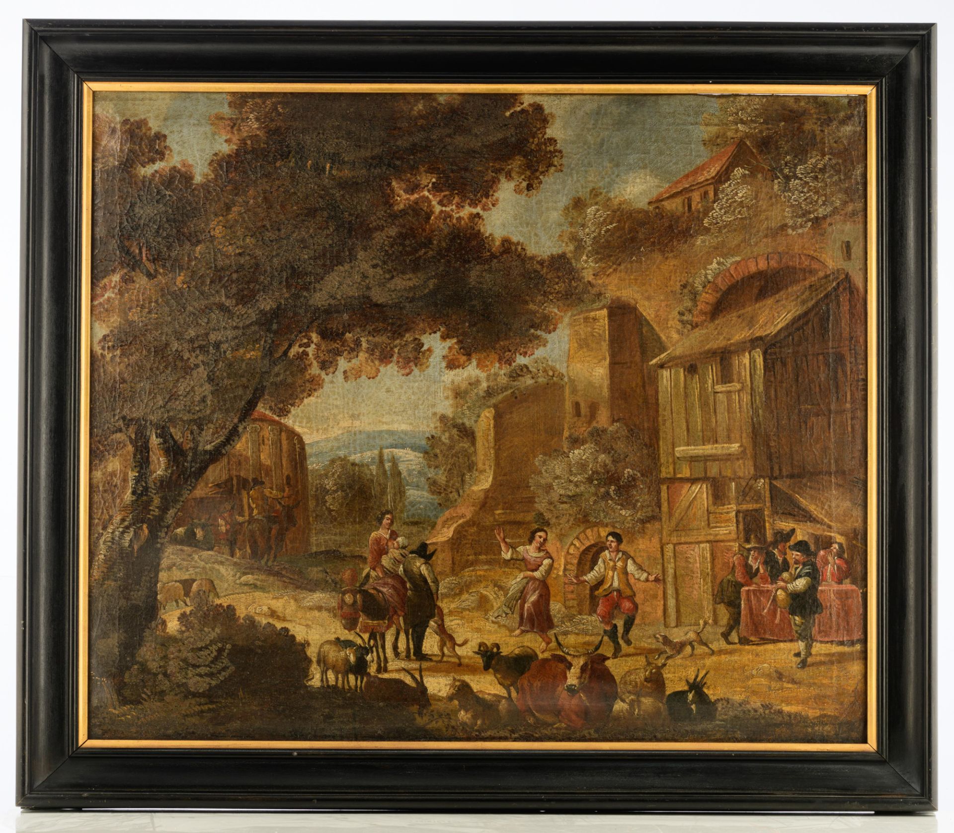 No visible signature, dancing shepherds before an inn, 17thC, oil on canvas, 96 x 115 cm - Bild 2 aus 8