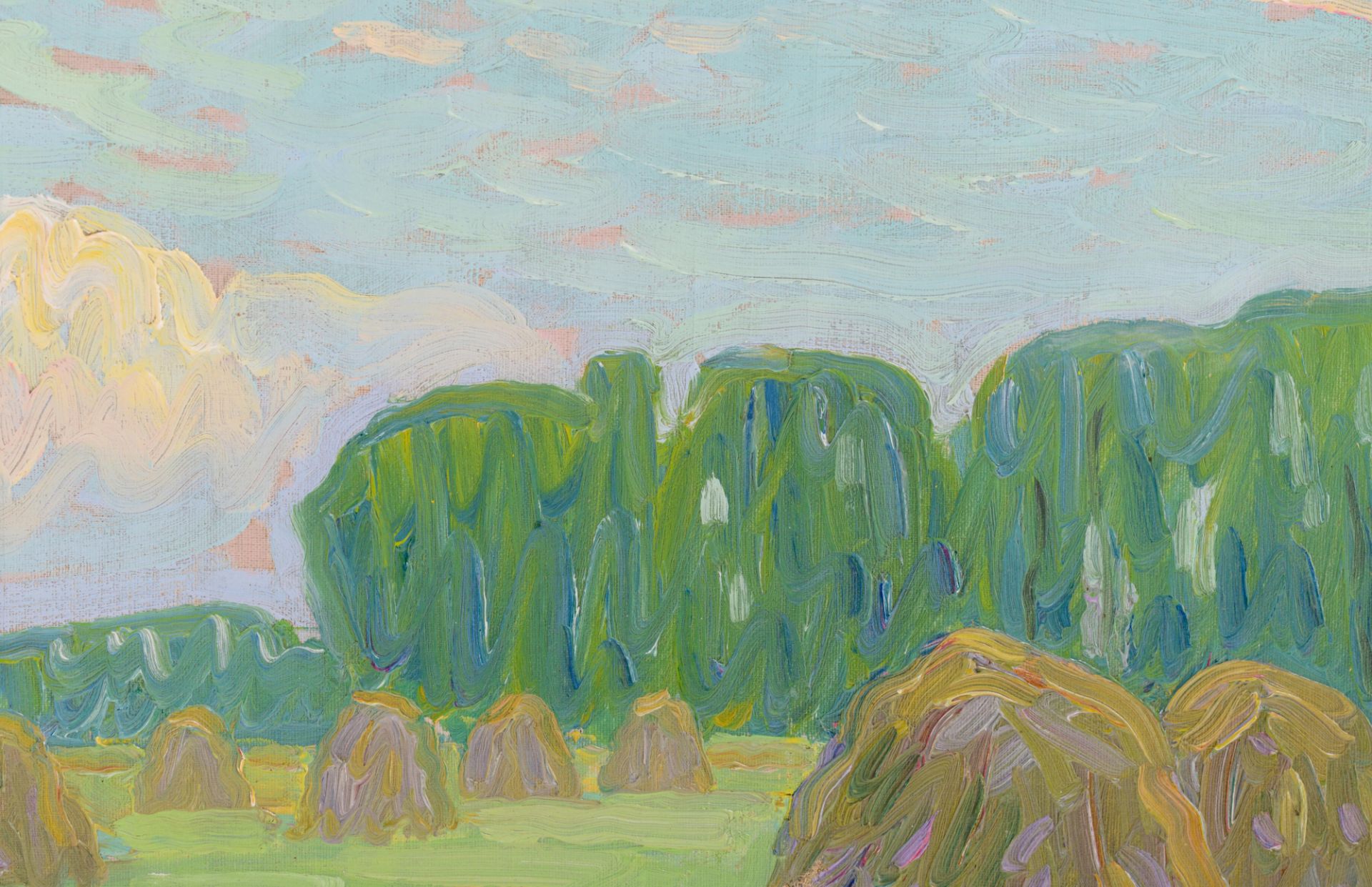 Horenbant J., the laundry tub, oil on canvas, 34 x 45 cm. Added: Montobio G., the haystacks in summe - Image 10 of 12