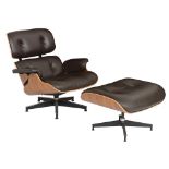 A walnut and chocolate brown leather Eames lounge chair with a matching ottoman, design by Charles a