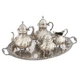 A four-piece Rococo silver 900/000 coffee and tea set with ivory handles, on a matching tray, H 11,5