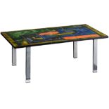 A '60s design coffee table, an abstract hand-painted ceramic tile top on a chromed frame, signed Jul