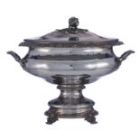 An imposing French early 20thC Rococo Revival silver-plated tureen and cover, with removable inner t