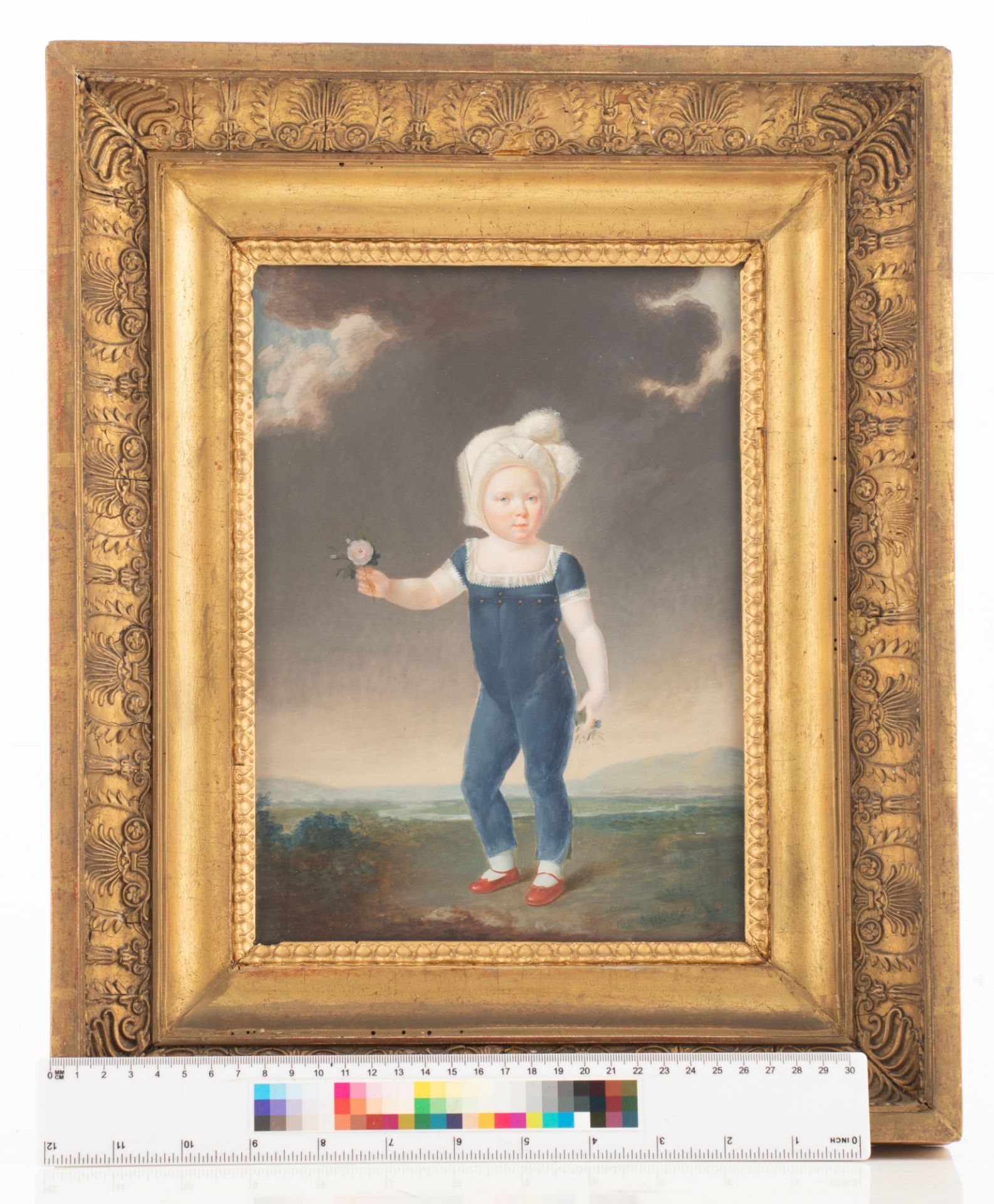 No visible signature, a child holding a flower, late 18thC / early 19thC, watercolour on cardboard, - Image 6 of 6