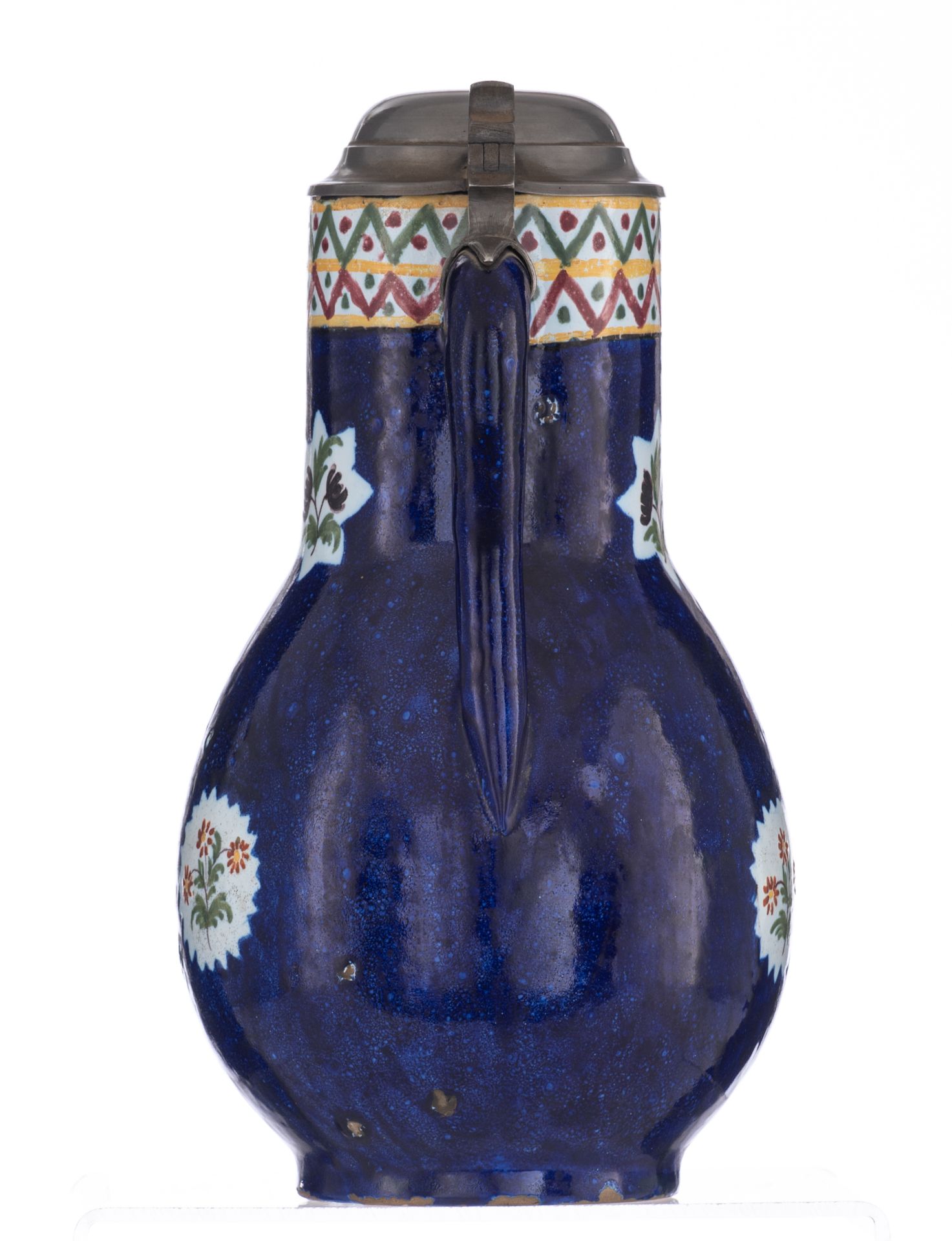 A cobalt glazed and polychrome decorated Brussels pottery jar with pewter mount, the roundel depicti - Image 3 of 8