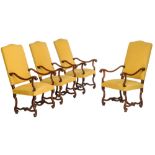 A set of four finely carved Louis XIV armchairs, with yellow upholstery, 17thC, H 115 - W 63 - D 80