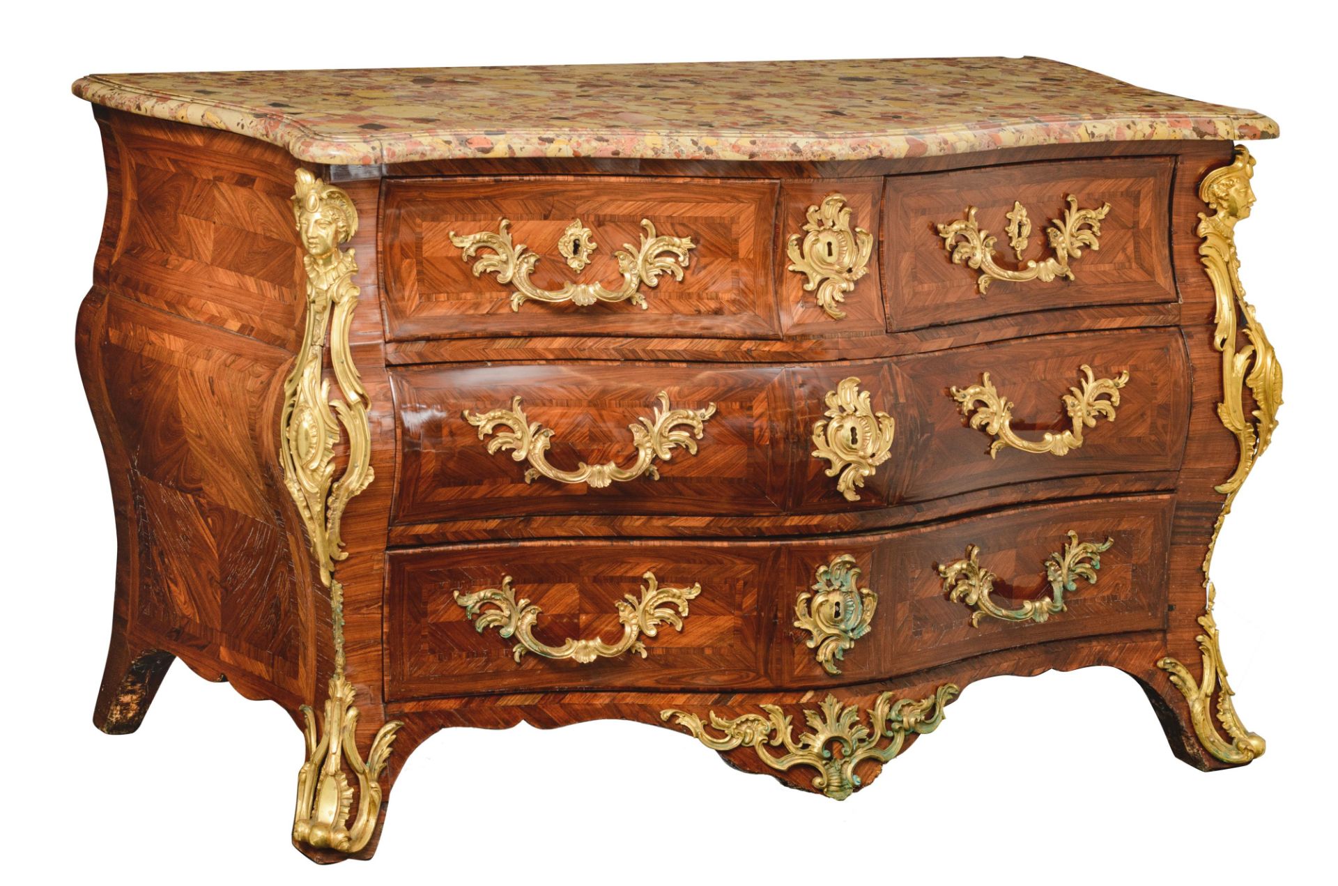 An exceptional and very fine kingwood veneered French early Louis XV 'commode galb‚', with ormolu br