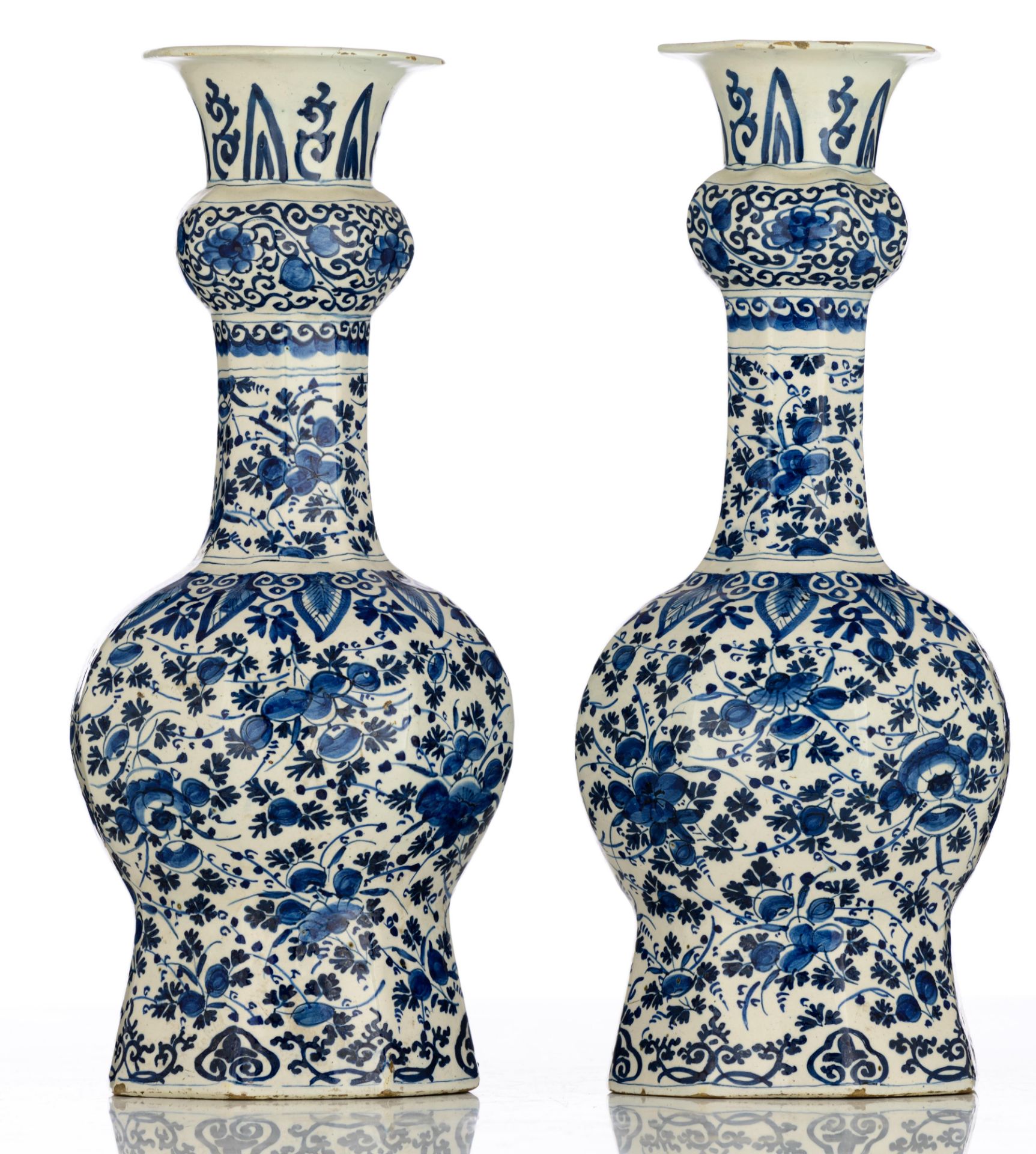 A pair of blue and white floral decorated Dutch Delftware garlic bottle vases, 18thC, H 37 cm. Added - Bild 3 aus 17