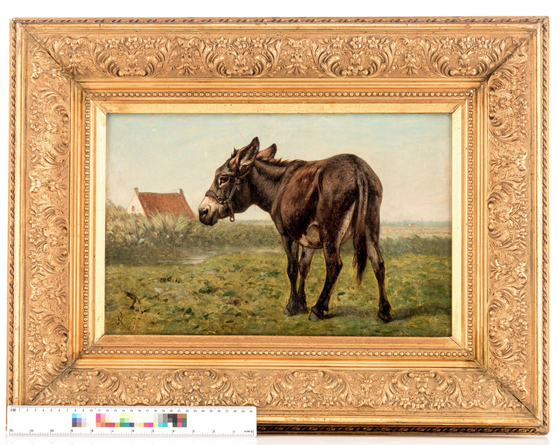 Monogrammed Louis Robbe, a donkey in the meadow, dated (18)77, oil on canvas with a wax seal mark of - Bild 6 aus 6