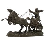 Illegibly signed, a patinated bronze sculpture of a Roman soldier driving a chariot, H 45 - W 64 cm