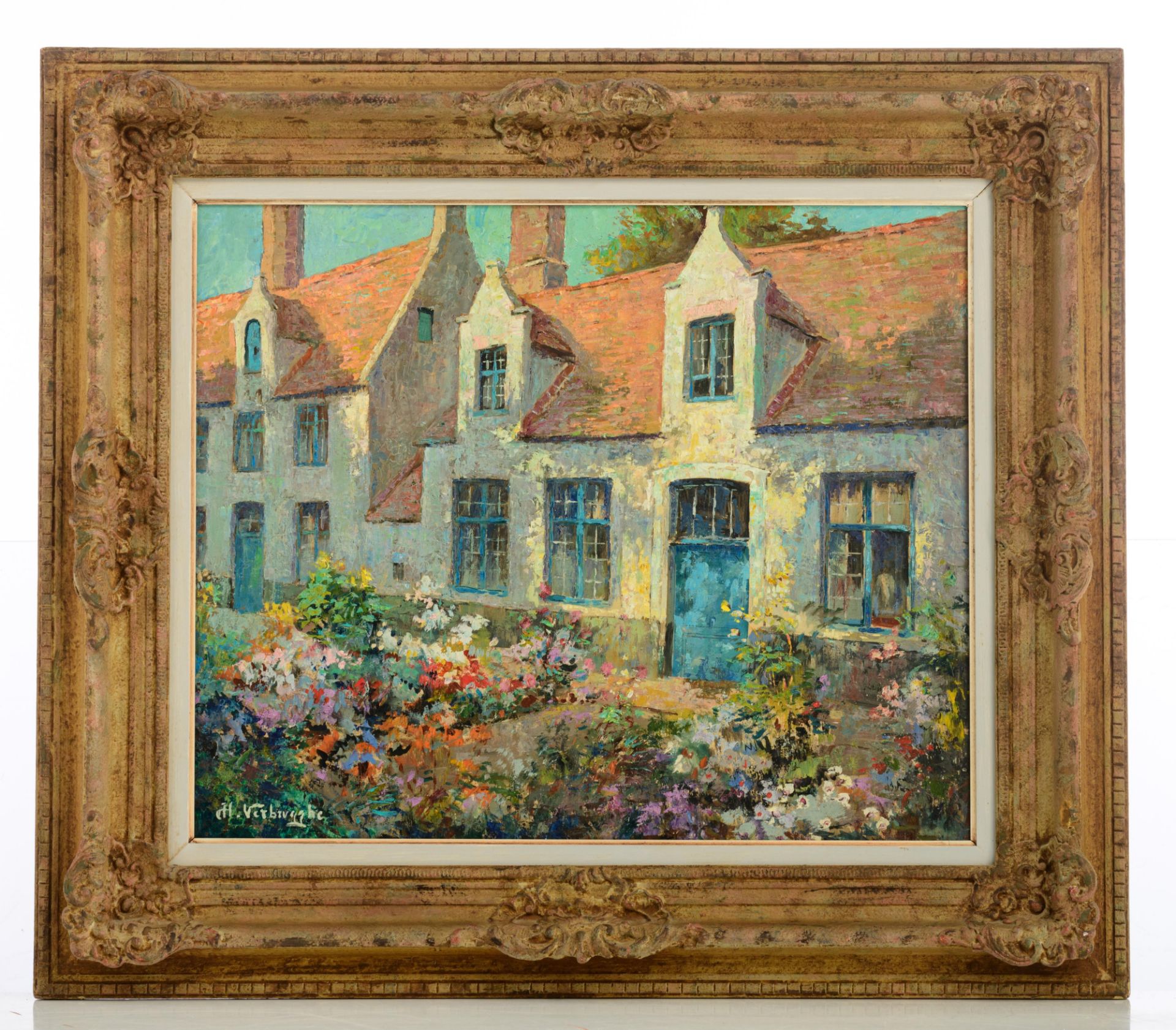 Verbrugghe Ch., a view on the almshouses in summer, oil on triplex, 49 x 59 cm. Added: by the same a - Image 5 of 14