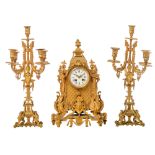 A Renaissance style three-piece gilt bronze garniture clock, the work marked 'med. d'honneur Japy Fr