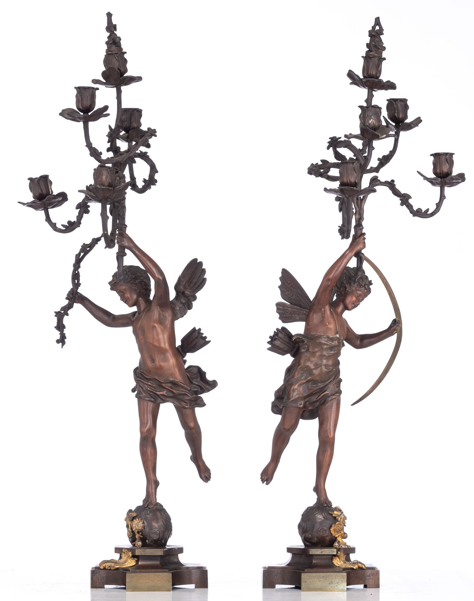 Rancoulet E., a pair of patinated bronze candelabras, titled 'La Nuit tout Repose' and 'Retour du Pr - Image 5 of 17