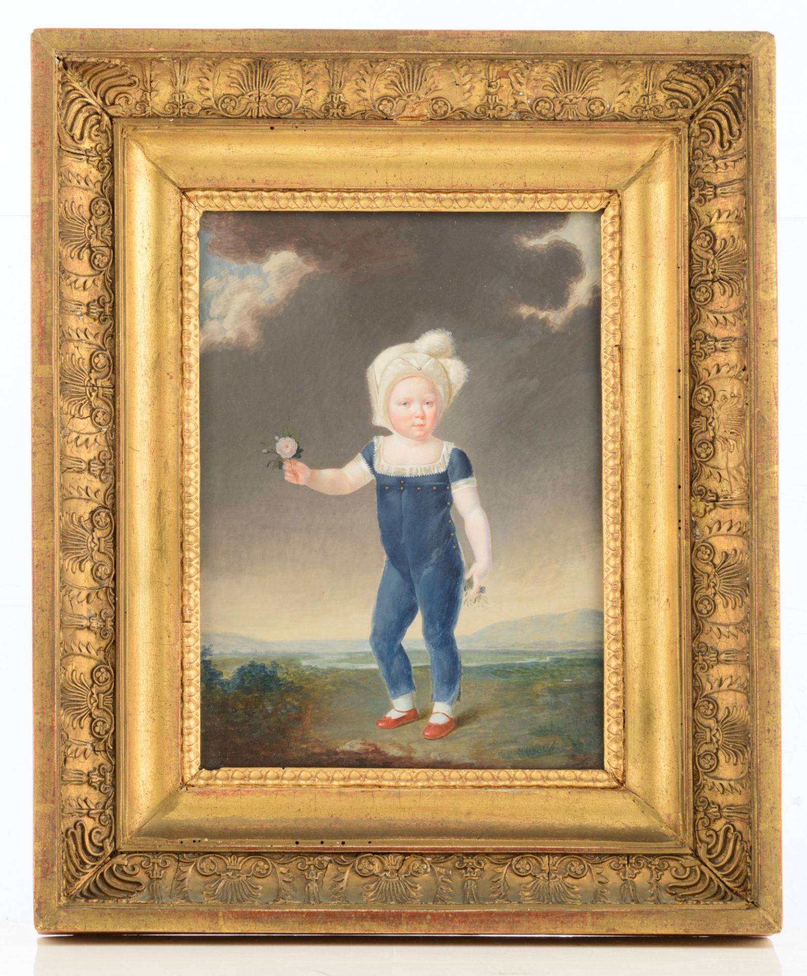 No visible signature, a child holding a flower, late 18thC / early 19thC, watercolour on cardboard, - Bild 2 aus 6