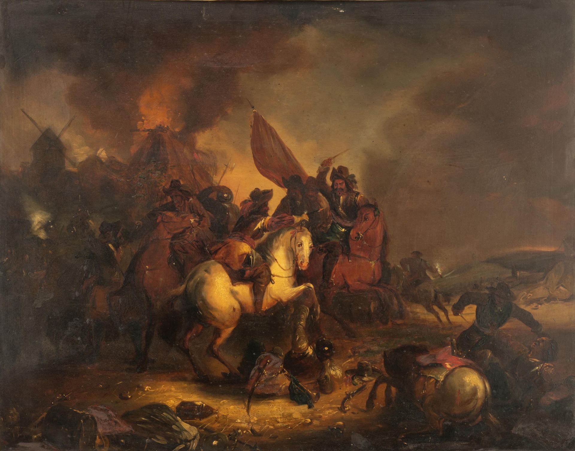 No visible signature, the heat of the battle, 19thC, oil on panel, 62 x 79 cm