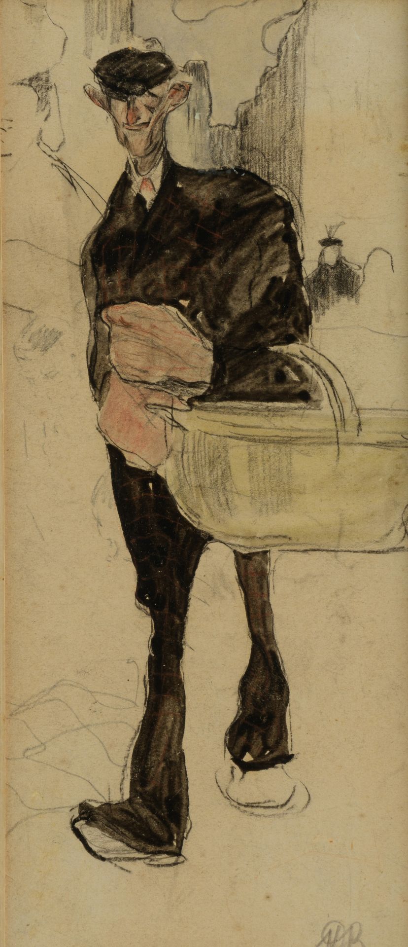 Monogrammed J.D.B. (Jules De Bruycker), a man with a basket on the market, pencil and watercolour on