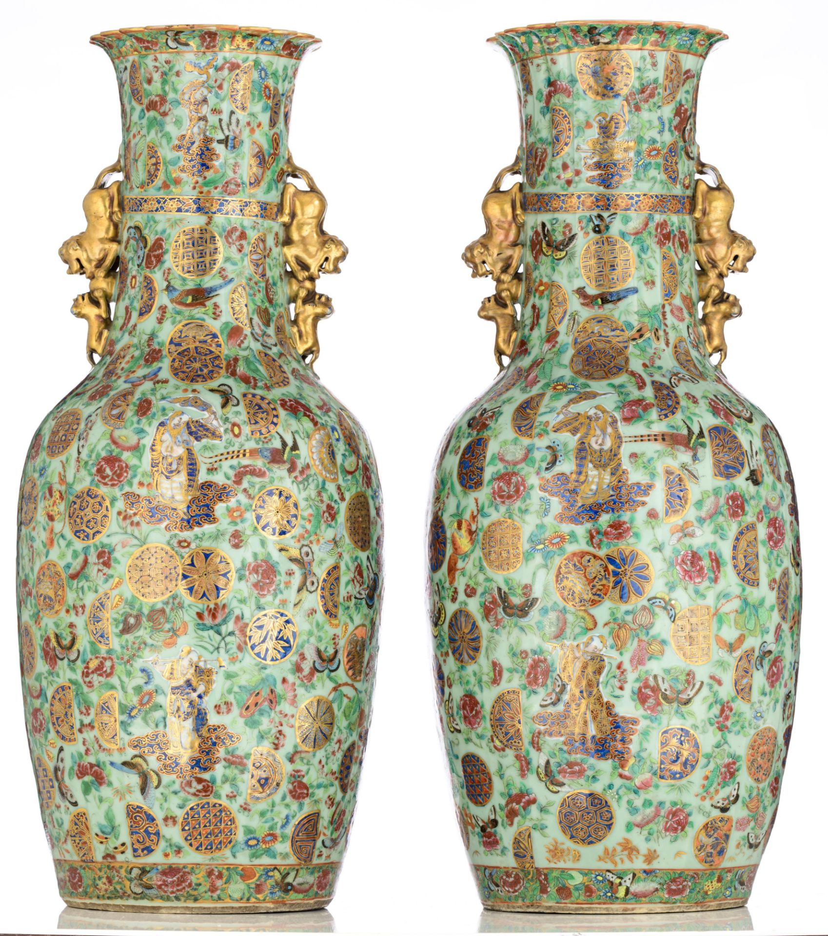 A pair of Chinese Canton famille rose on celadon ground vases, all over decorated with the Eight Imm - Bild 3 aus 21