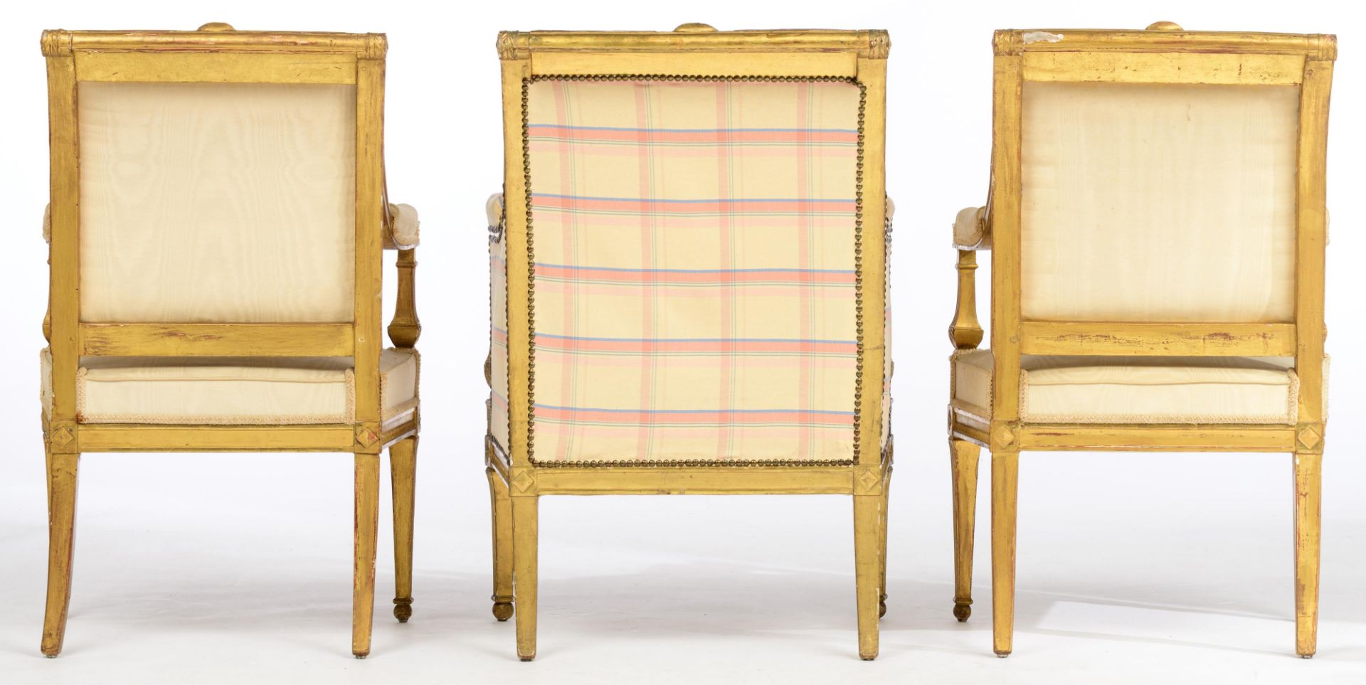 A gilt wooden French Directoire set of two armchairs and one 'bergŠre', 1795 - 1799, H 93 - W 58 - 6 - Image 4 of 14