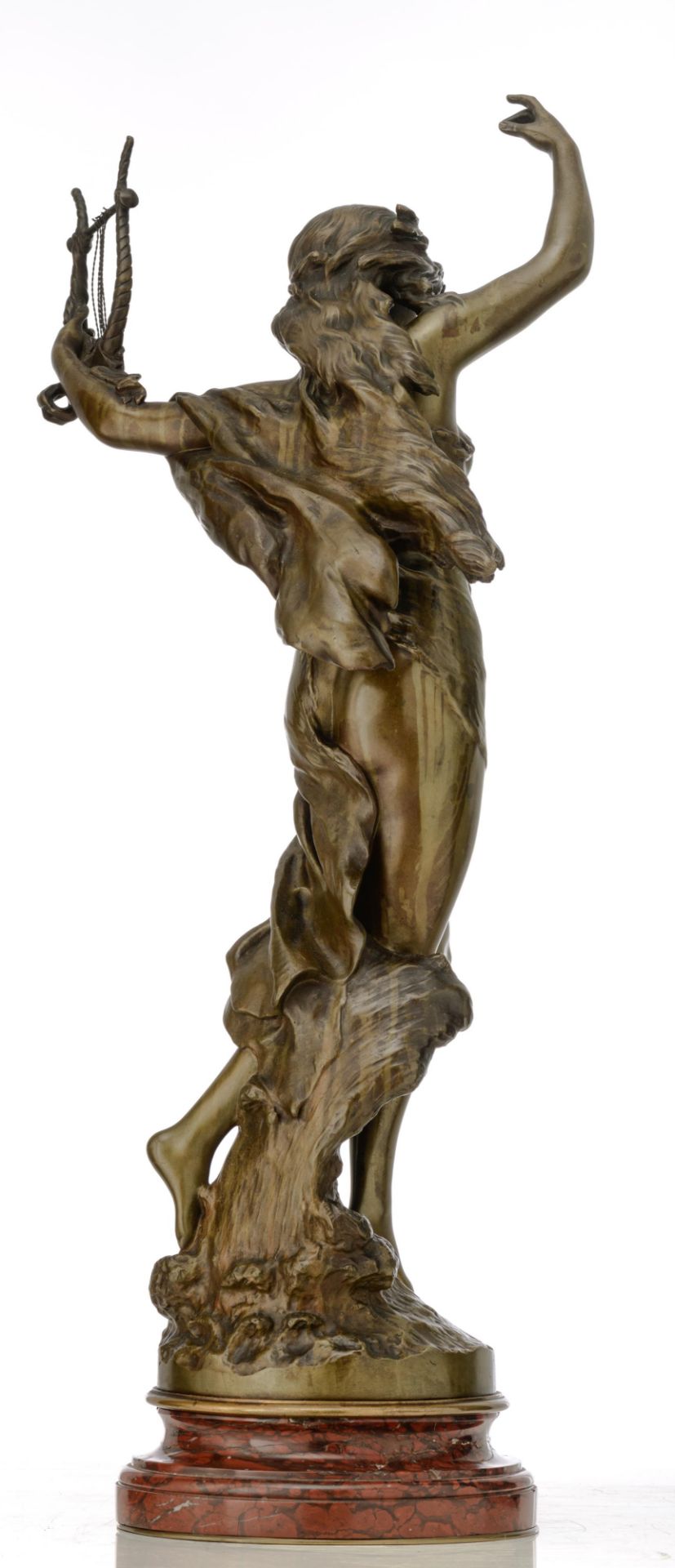 Moreau M., a beauty with a lyre, 'Hors Concours', with a 'M‚daille d'Honneur' mark, patinated bronze - Image 3 of 8