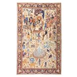 An Oriental rug depicting in the centre a procession surrounded by exotic and mythical animals, 249