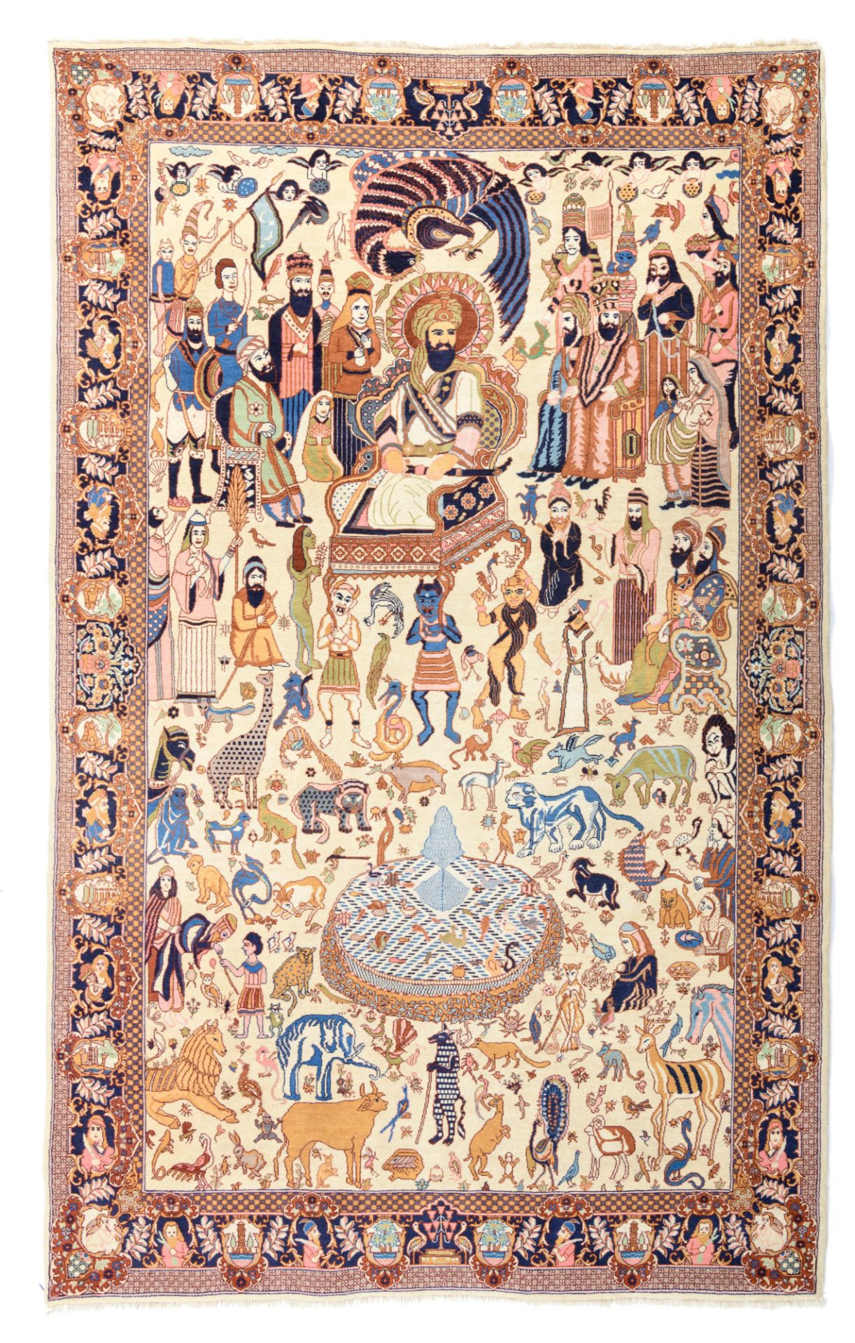 An Oriental rug depicting in the centre a procession surrounded by exotic and mythical animals, 249