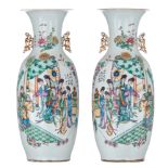 A pair of famille rose double-decorated vases, with beauties in a garden and signed texts, Republic