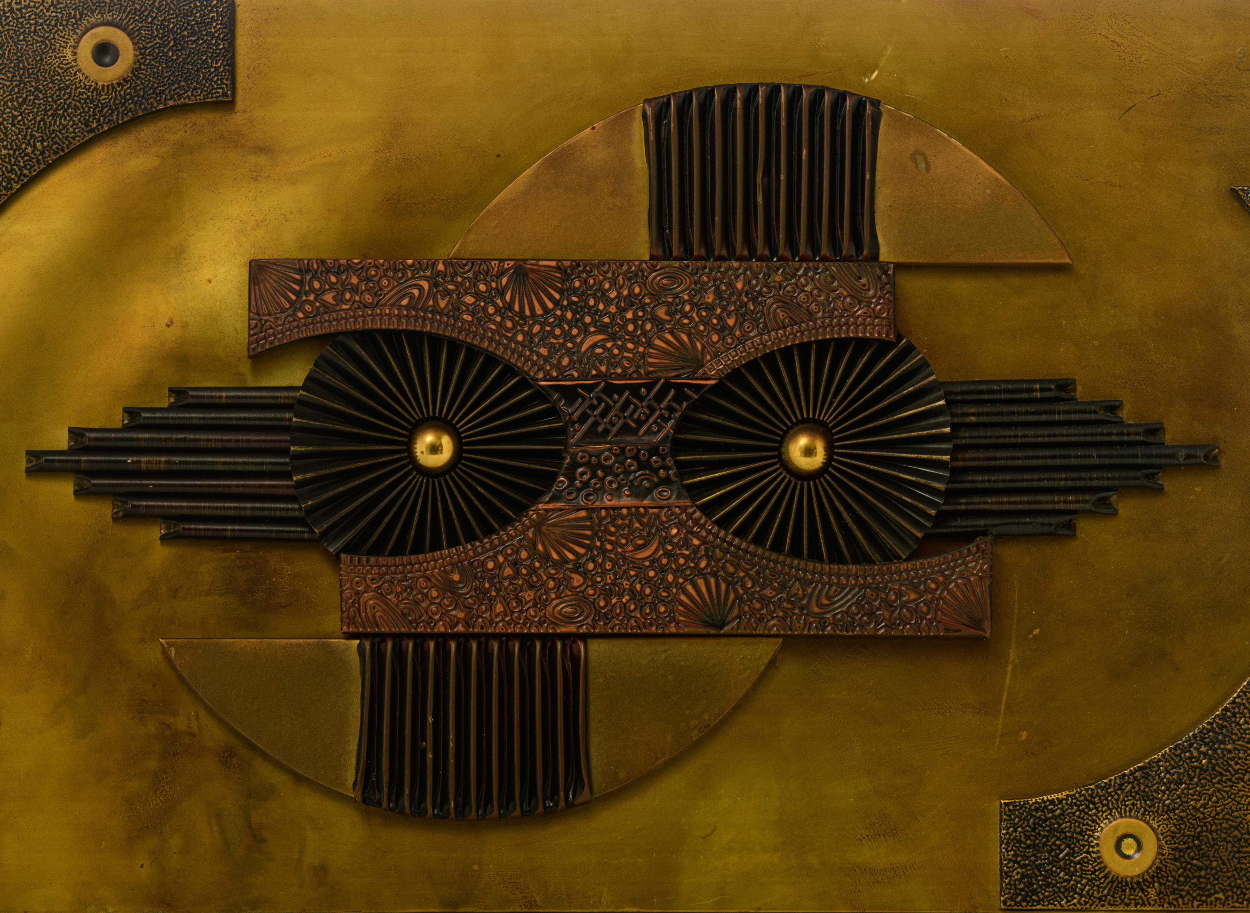 A vintage brutalist metal wall abstract sculpture, attr. to Stephen Chun, 50,5 x 90,5 cm - Image 3 of 6