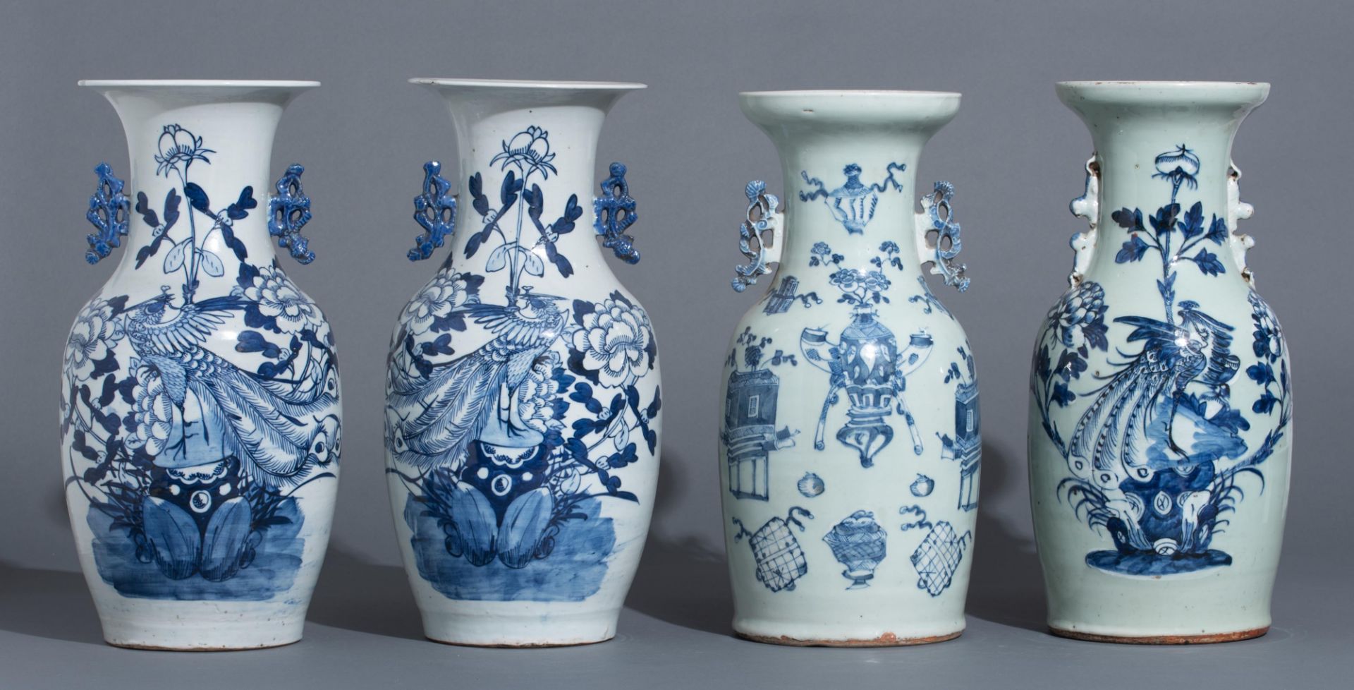 Four Chinese blue and white on celadon ground vases, late 19thC, H 42 - 43 cm - Image 28 of 52