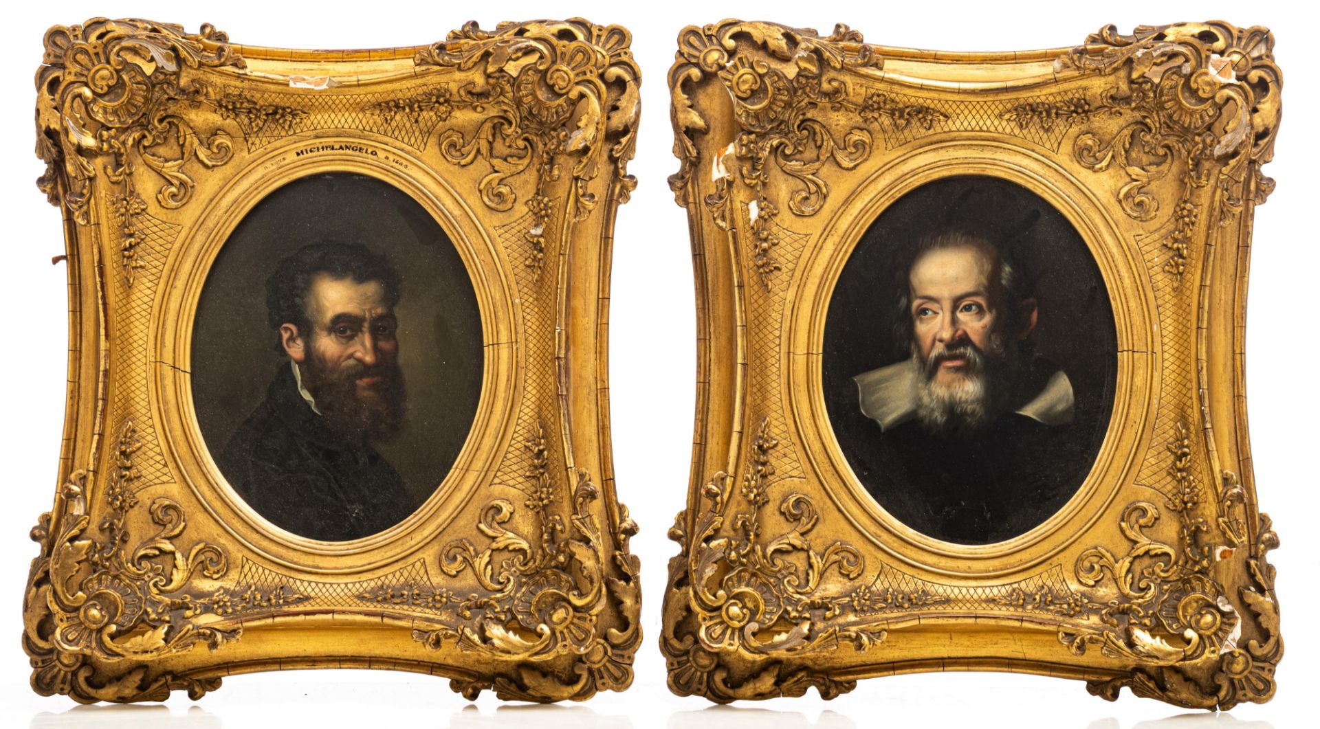 A pair of oval pendant portraits of Michelangelo and Galileo, 21 x 26 cm - Bild 2 aus 8