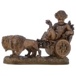 A bacchanal figure in a lion drawn chariot, H 40 - W 53,5 cm