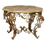 An Art Deco wrought iron coffee table with marble top, H 50 - W 84 - D 84 cm