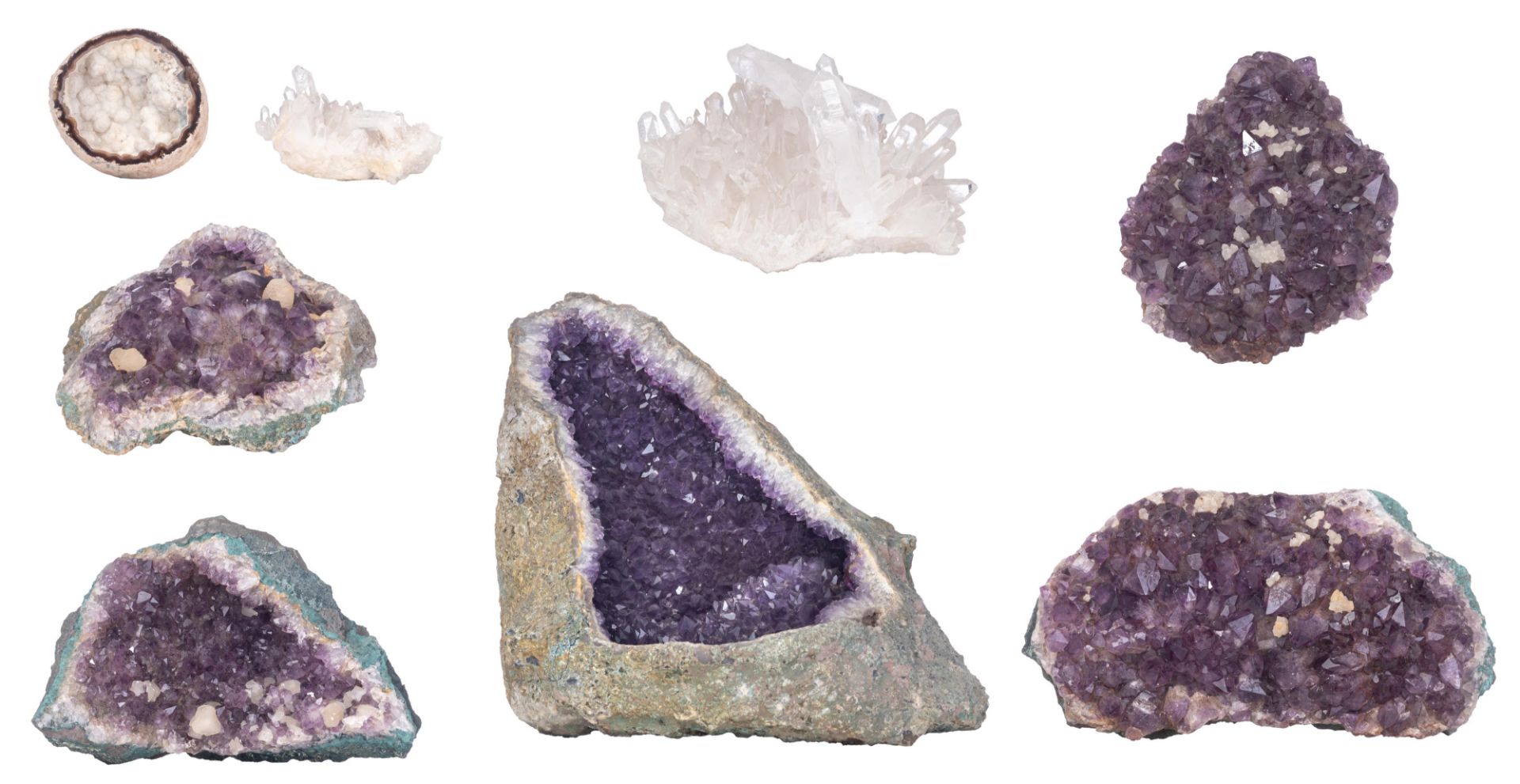 A collection of eight minerals, H 6 - 32 cm