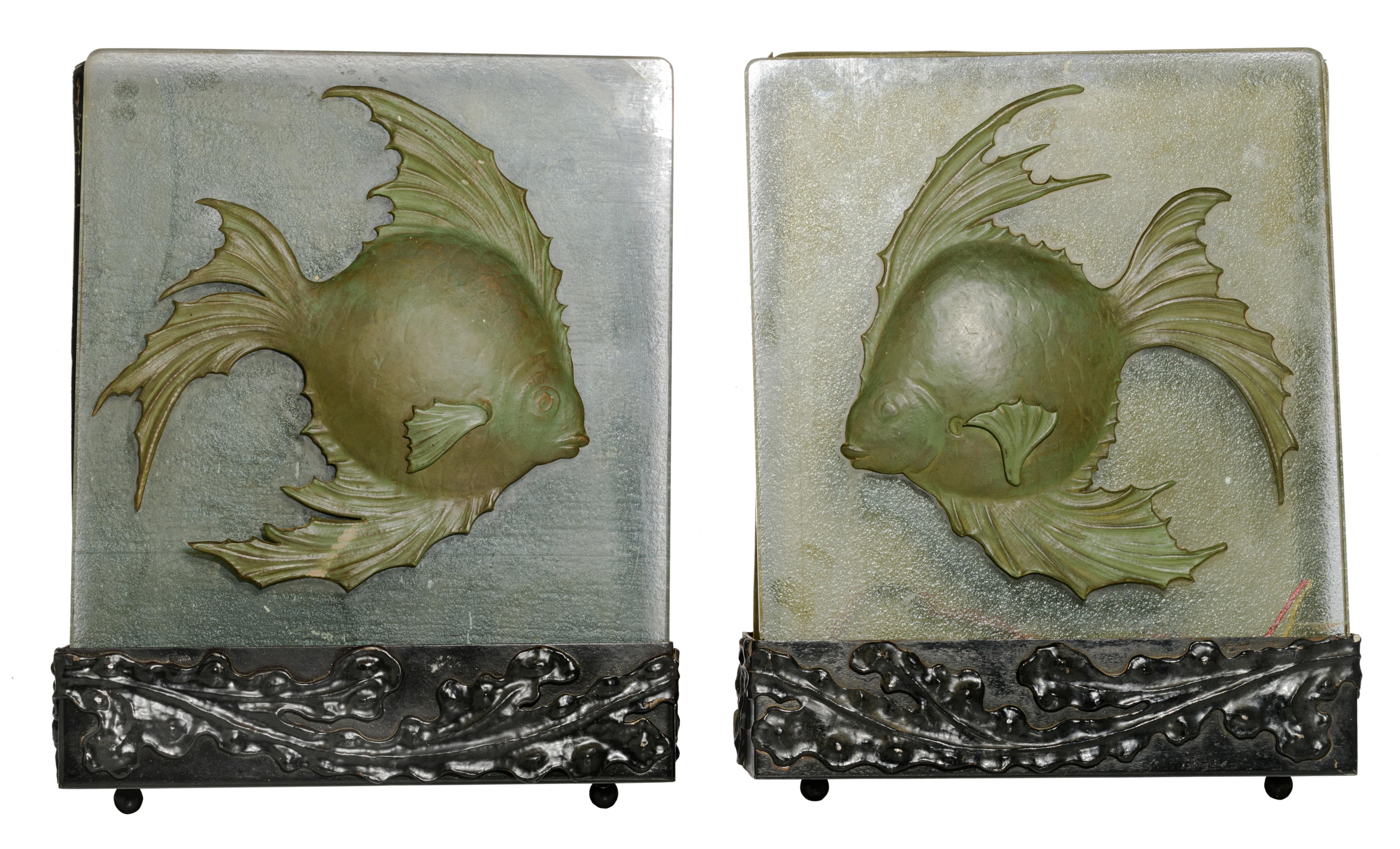 A pair of vintage decorative lamps with fish, marked 'Farion', H 51 - W 41 cm