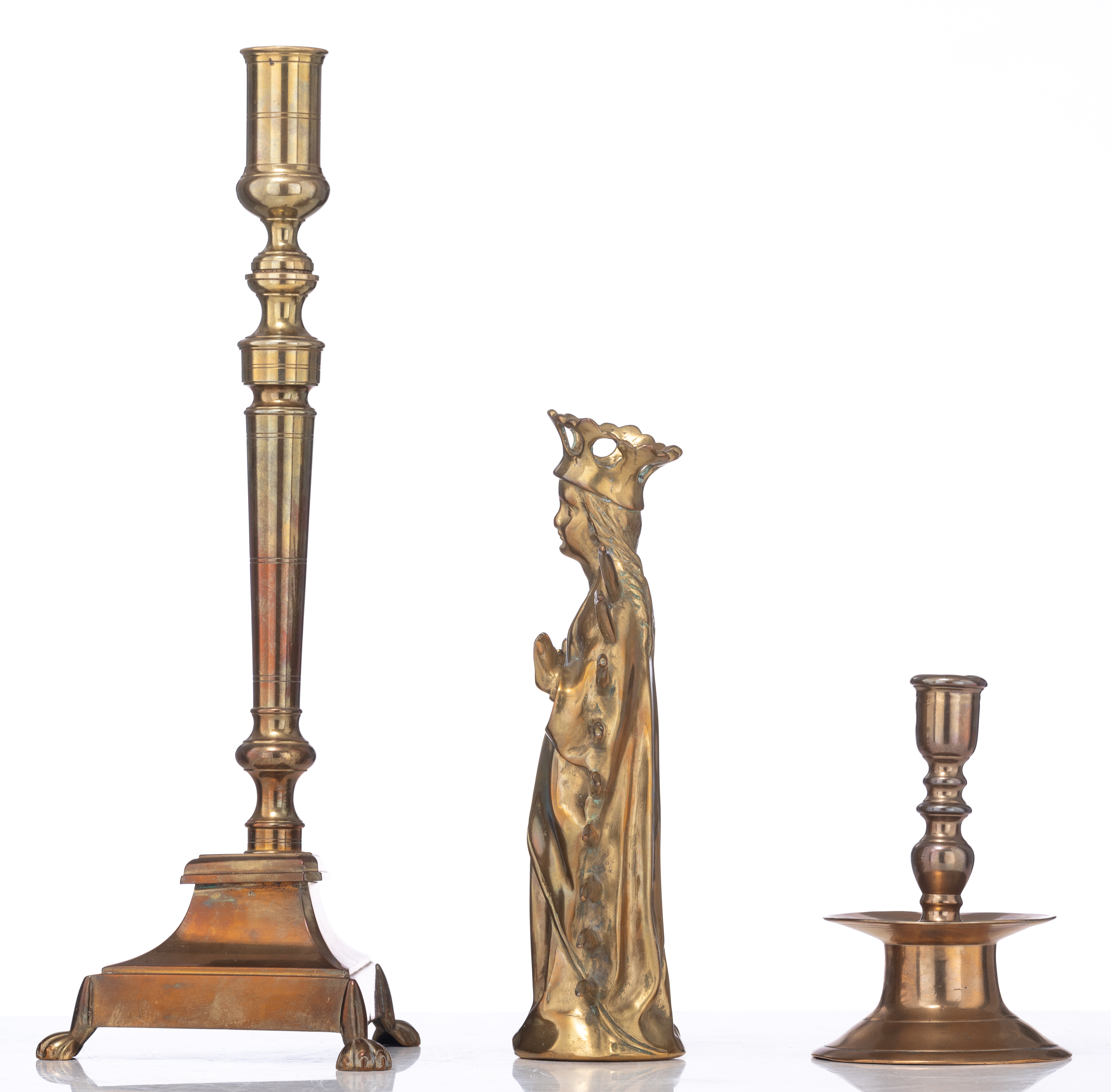 A 17thC Low Countries copper alloy candlestick, H 15,5 cm; added a bronze rayed Virgin of the Immacu - Image 2 of 6