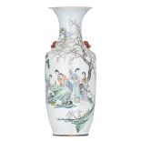 A Chinese Republic period famille rose vase, paired with Fu-lion handles, the back with signed text,