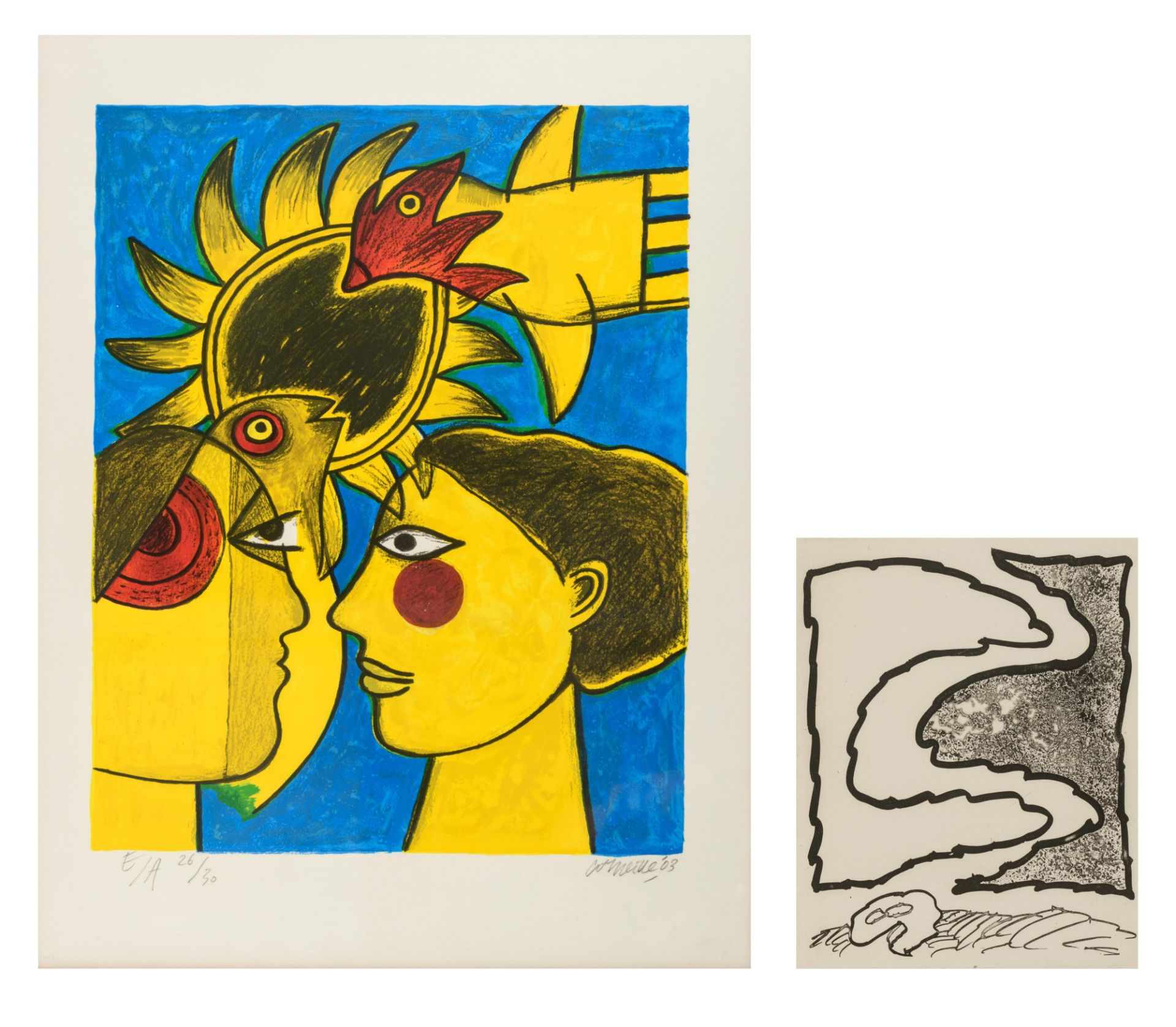 Pierre Alechinsky (1927), 23,5 x 29 cm & Corneille (Guillaume van Beverloo) (1922-2010), 40 x 50,5 c