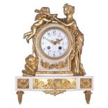 A Neoclassical gilt bronze and Carrara marble mantel clock, decorated with Venus & Amor, H 35 - W 27