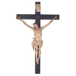 A wooden polychrome painted Corpus Christi on its original cross, 18thC, H 38,5 (corpus) - 56 cm (wi