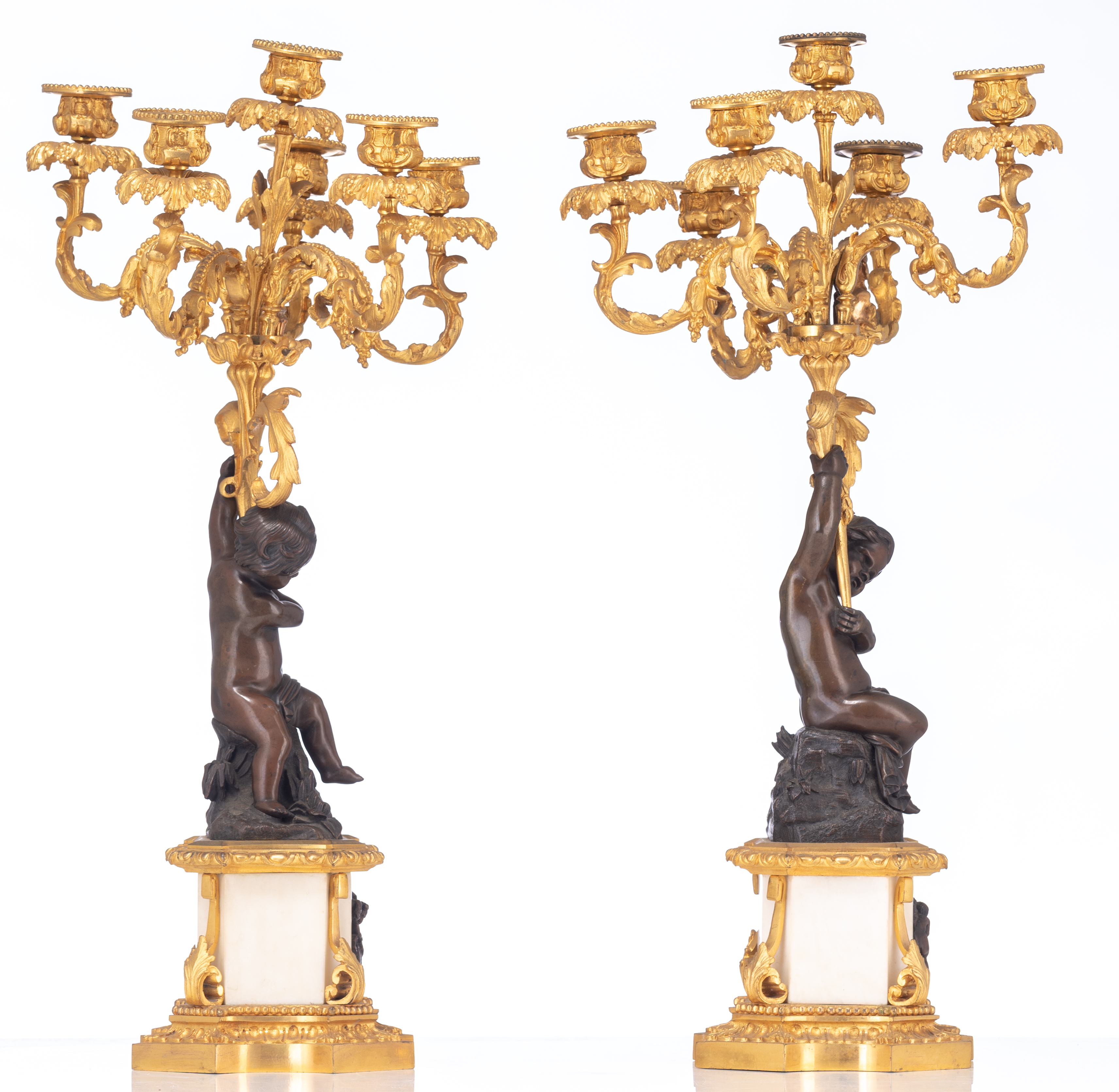 A fine pair of Neoclassical candelabras, decorated with putti, H 63,5 - Image 4 of 5