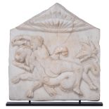 A classical basso-relieve carved Carrara marble fragment of a nymph and a sea-panther, H 36,5 - W 32