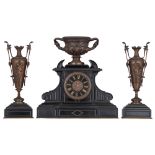 A noir Belge marble Renaissance Revival three-piece clock garniture, marked Luppens, H 46 - 49 cm