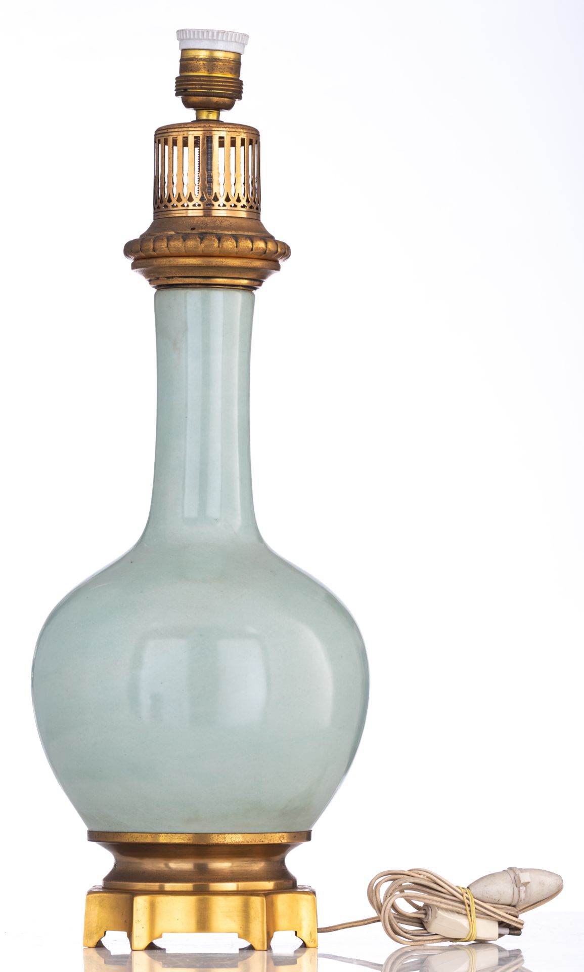 A copy of a Chinese celadon vase, mounted as a lamp, H 30 - 81 cm (the vase - the whole) - Image 3 of 9