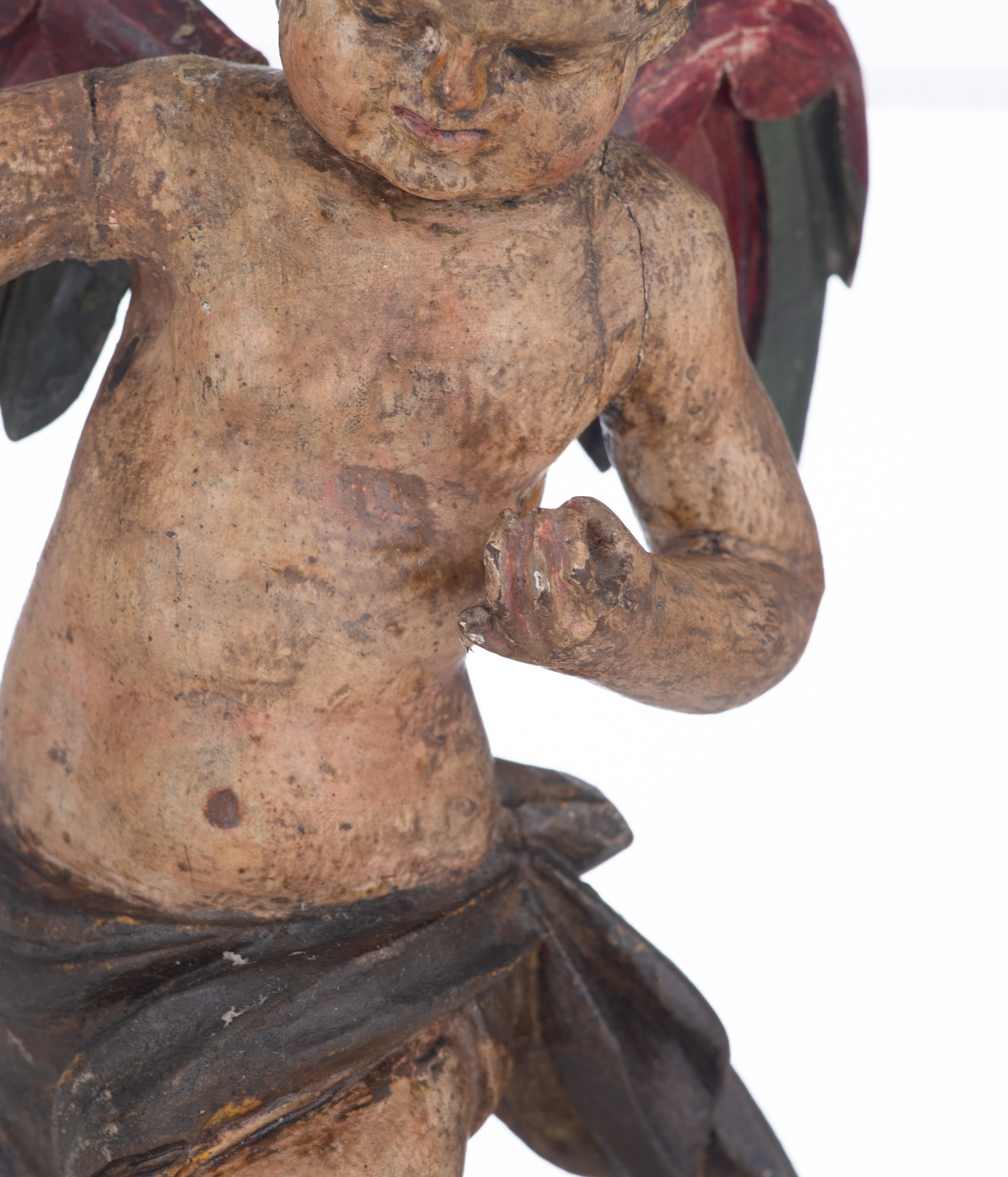 A pair of carved and polychrome painted angels, H 24 - 25 cm - Image 8 of 11