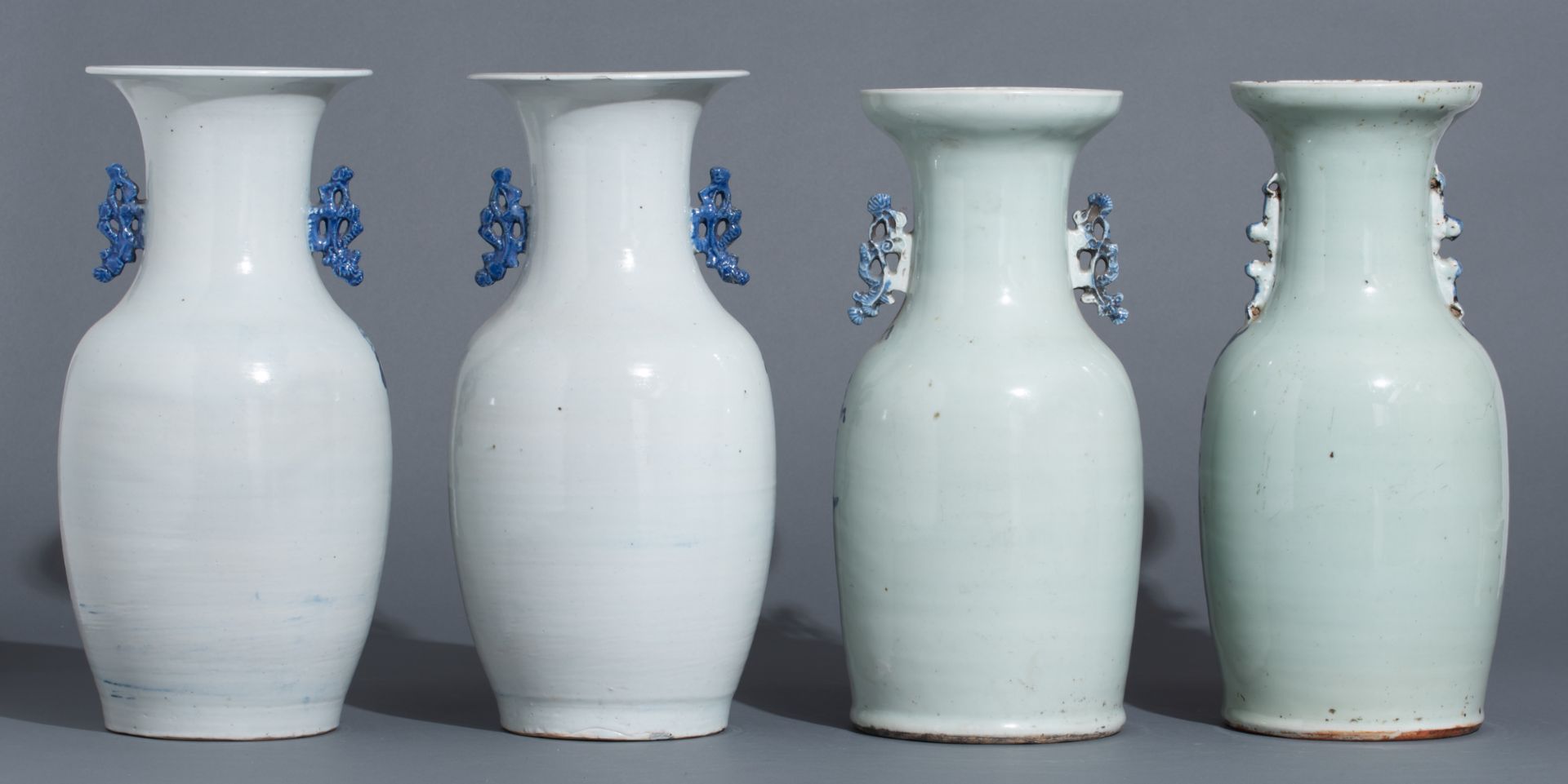 Four Chinese blue and white on celadon ground vases, late 19thC, H 42 - 43 cm - Image 30 of 52
