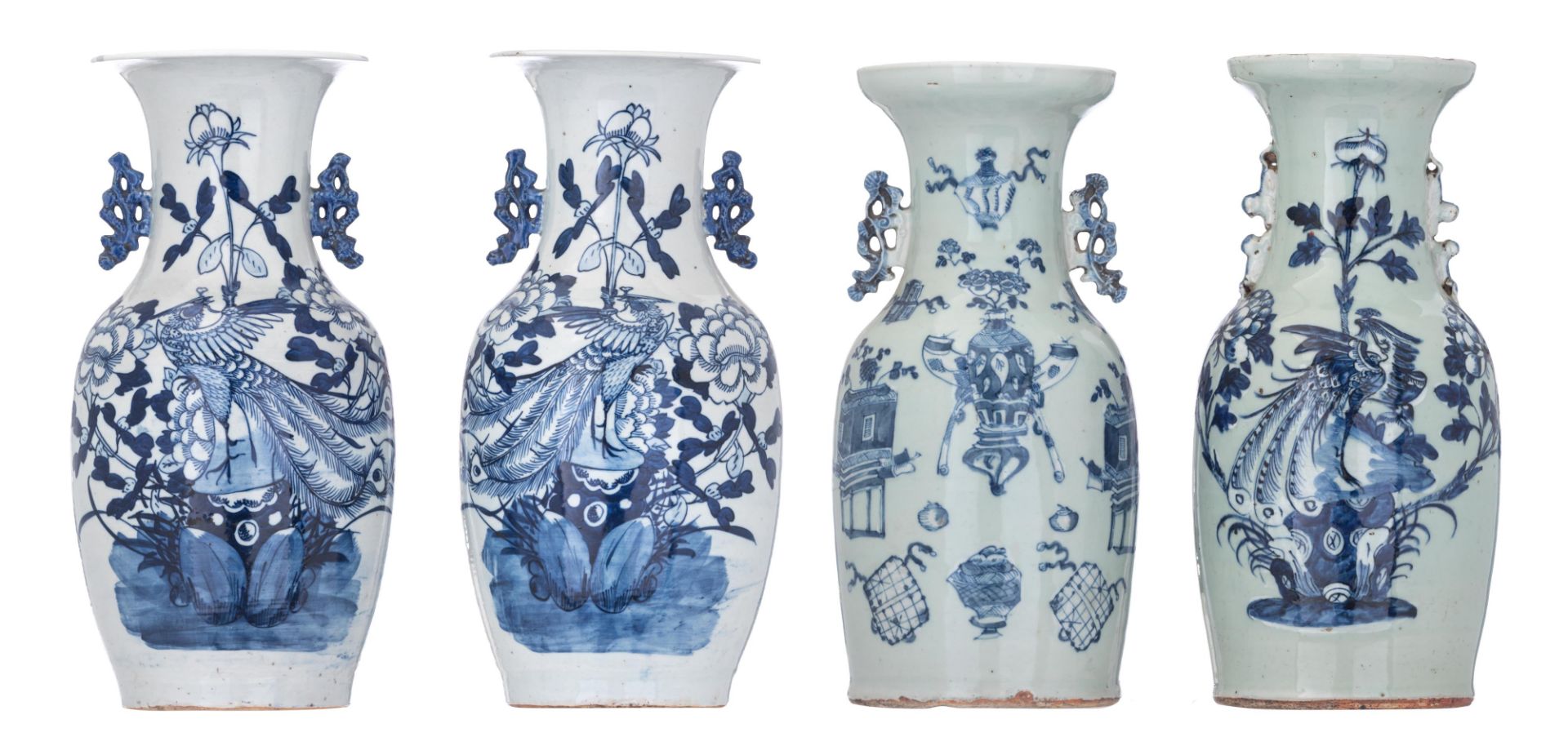 Four Chinese blue and white on celadon ground vases, late 19thC, H 42 - 43 cm