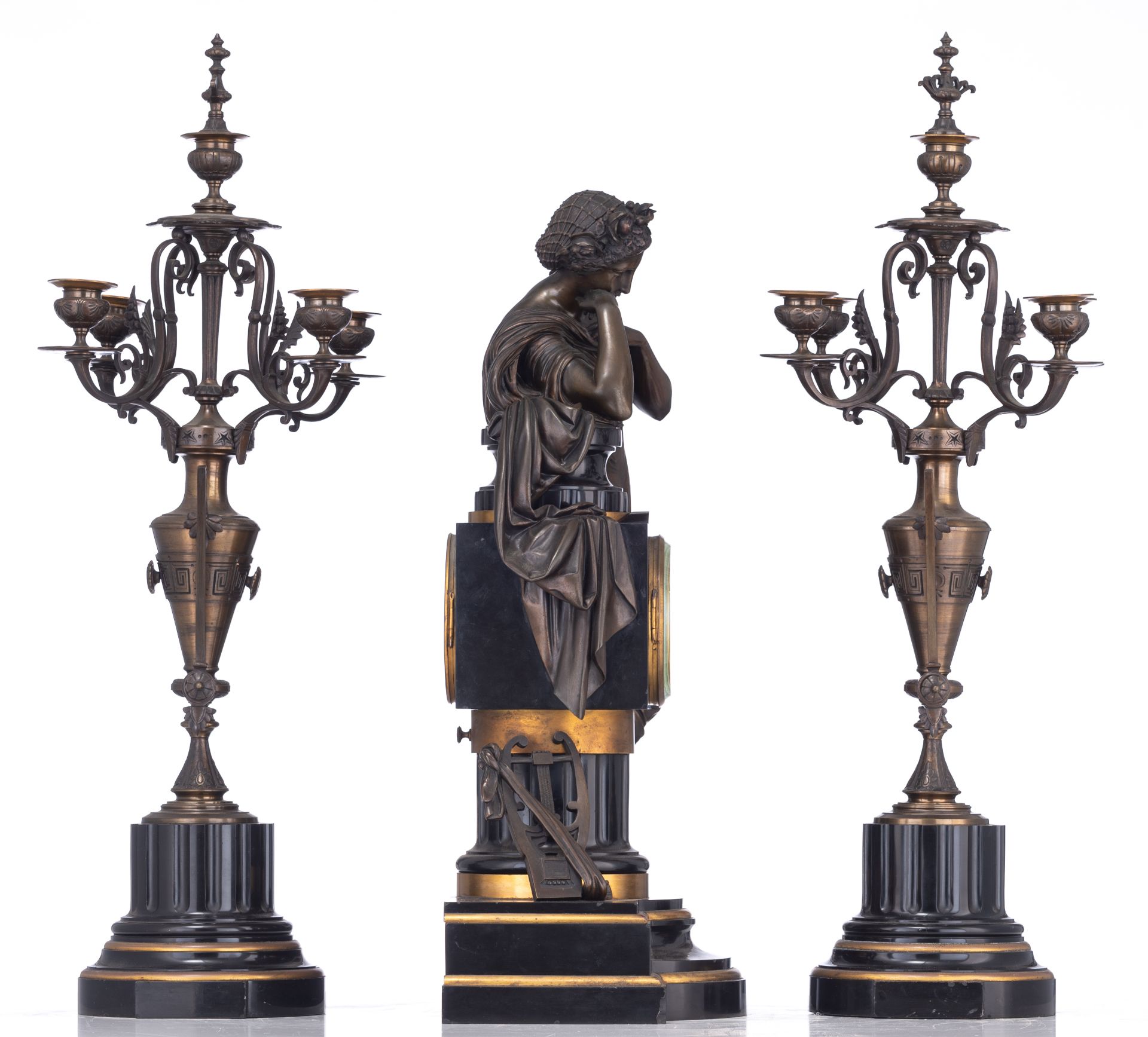 A fine Neoclassical three-piece clock garniture, with a patinated bronze antique beauty on top, H 56 - Image 4 of 16