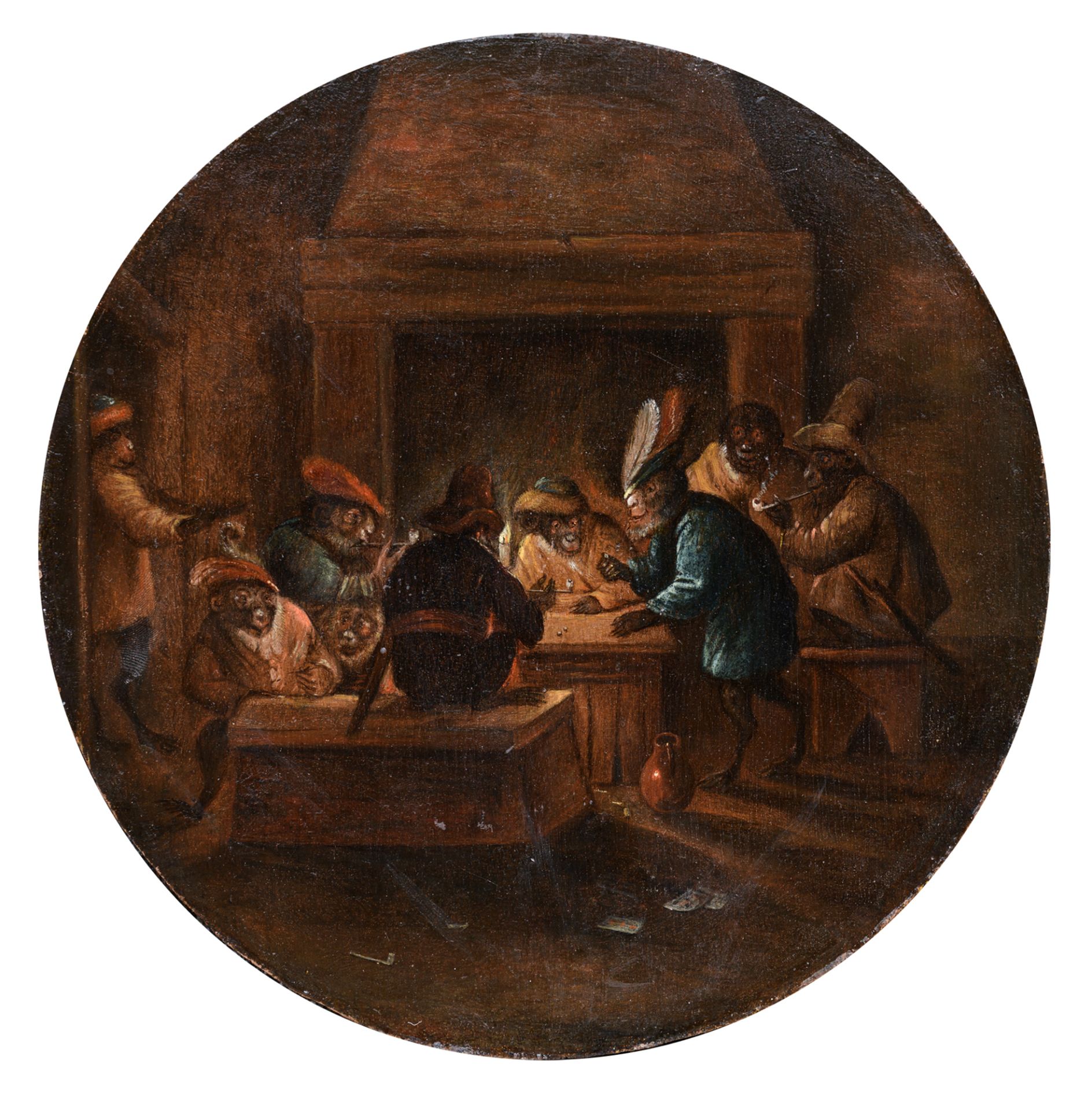 Monkeys in the inn, in the manner of Ferdinand Van Kessel (1648 - c. 1696), ø 26 cm