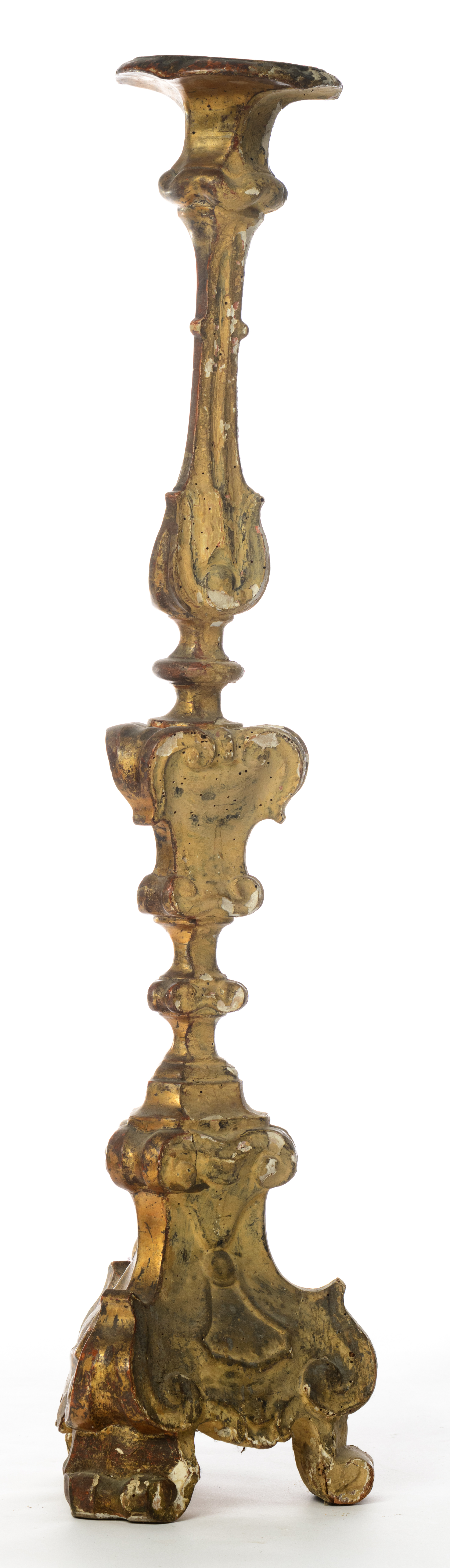 A large gilded wood Baroque altar candlestick, 18thC, H 118 cm - Image 4 of 10