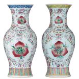 A near pair of Chinese famille rose 'Peaches' yenyen vases, Guangxu period, H 44,5 cm