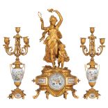 A fine Neoclassical three-piece clock garniture, ormolu bronze and porcelain, marked Domange Rollin,